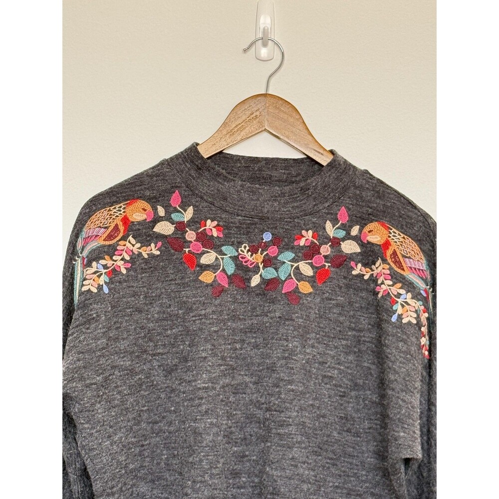 THML Sweater Womens Small Gray Embroidered Bird Floral Mock Neck Dolman Knit - Picture 2 of 8